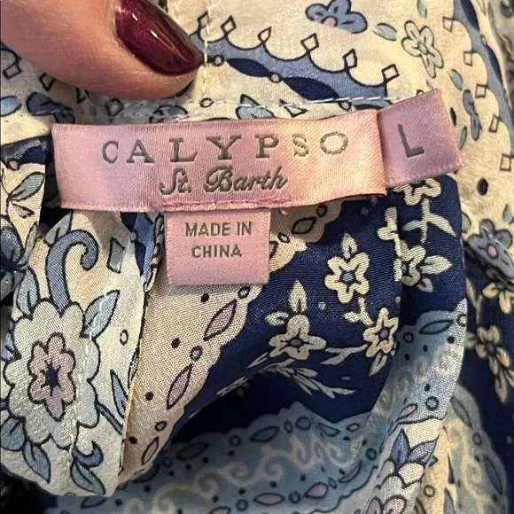 Calypso St. Barth Durna Medallion Silk Blue Cream Paisley Size Large - Picture 6 of 9